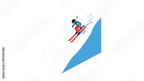 Isometric winter sports scene featuring skier on snowy slope