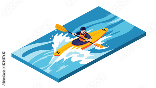 Isometric kayaking adventure on vibrant waves
