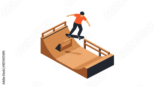 Isometric skateboarding trick on halfpipe with minimalist design