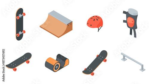 Isometric skateboarding gear and equipment set