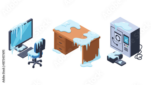 Frozen office objects in isometric style featuring frosty computer and furniture
