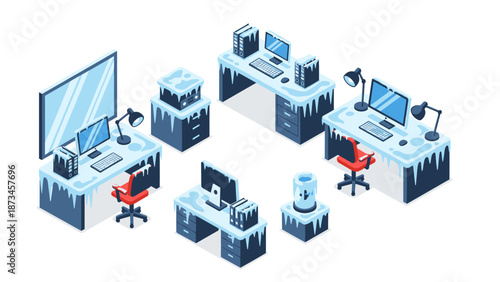 Isometric frozen office interior with icy desks and chairs in blue theme