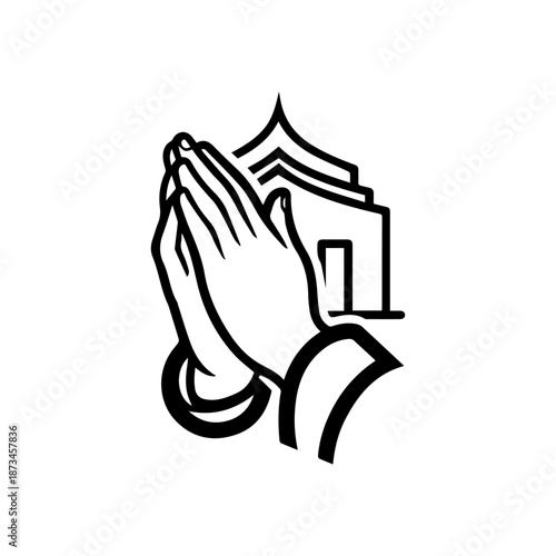 Illustration of praying hands positioned in front of a building