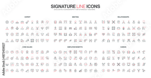 Comprehensive set of line icons covering expert skills, meetings, relationships, core values, employee benefits, and career growth in modern business isolated vector illustration