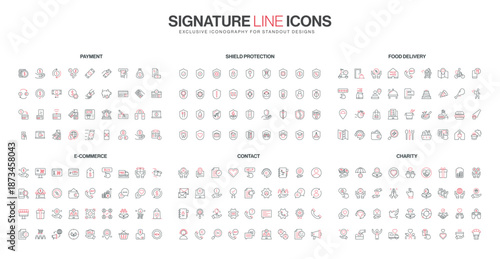 Modern line icons collection covers payment, shield protection, food delivery, e-commerce, contact, and charity themes in red and black style isolated vector illustration