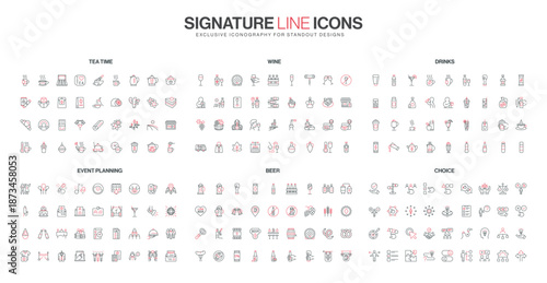Collection of minimalist line icons representing tea time, wine, drinks, event planning, beer, and choice concepts in a simple red and black style isolated vector illustration