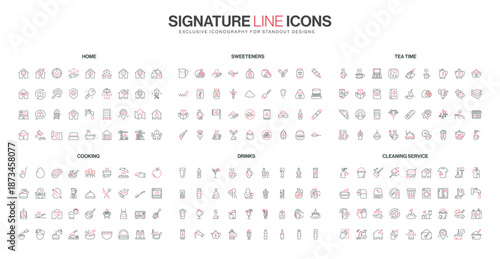 Set of minimal line icons for home, sweeteners, tea, cooking, drinks, and cleaning service themes, featuring simple red and black style isolated vector illustration