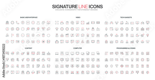 Modern line icons collection covers user interface, video, tech gadgets, content, computer, programming and coding themes, red and black color, isolated vector illustration