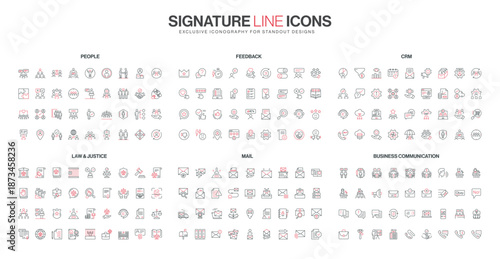 Red and black thin line icons set covering people, feedback, CRM, business communication, law, and mail topics, ideal for web design, corporate branding, and business presentations vector illustration