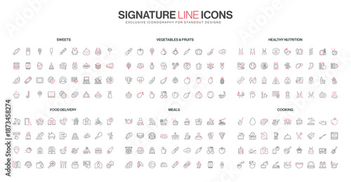 Collection of thin line icons representing sweets, fruits, healthy nutrition, food delivery, meals, and cooking concepts, designed in a minimal style isolated vector illustration