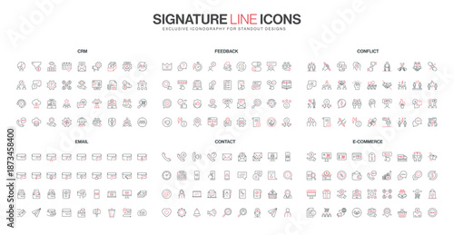 Modern line icons set covers CRM, feedback, conflict resolution, email, contact, and ecommerce concepts with red and black accents, suitable for digital business themes isolated vector illustration