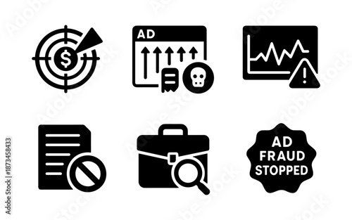 Set of icons representing online advertising fraud and protection measures