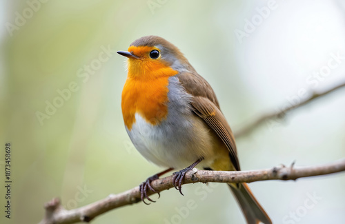 Small robin bird with bright orange breast sits on tree branch in green forest. Wildlife fauna creature with brown wings and feathers. Natural habitat outdoor detail. © Vadym