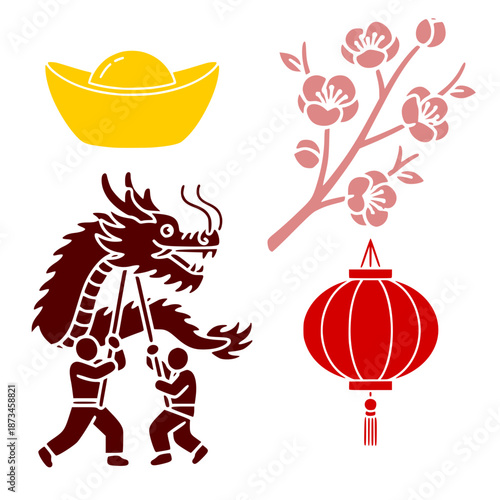 Colorful Chinese New Year vectors in the miniset: dancing Chinese dragon, red flashlight, golden ingot, lantern, and flowers  