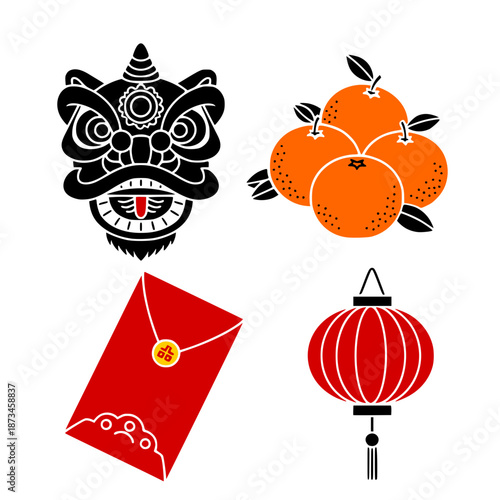 Symbols of the Chinese New Year, including the lion dance, lanterns, oranges and a red envelope. Vector miniset with the main symbols of the lunar New year