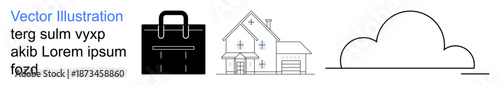Business, home living, real estate, storage, simplicity, organization. Minimalist icons of a briefcase, house and cloud. Business and home living concepts reflected in clean visuals