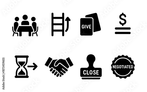 Business deal icons: meeting, growth, give and take, money, time, handshake, close, negotiated