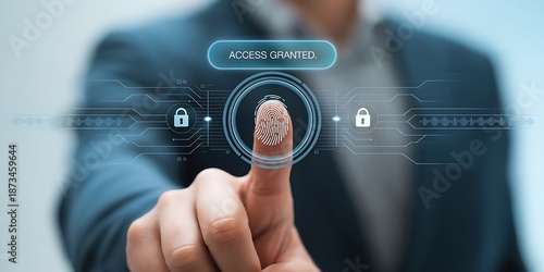 Fingerprint scan with ' Access Granted' message and digital security interface image