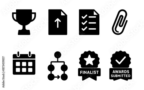 Collection of business and achievement icons including trophy, document, checklist, paperclip, calendar, flowchart, and awards