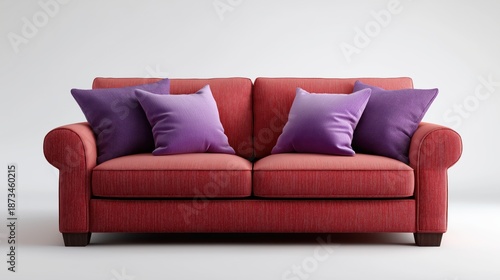 Modern Red Fabric Sofa with Purple Pillows Isolated on White Background created with Generative AI Technology, ai, generative