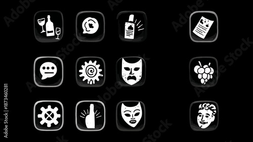 Glossy Black and White UI Icon Set for Web and Mobile Apps. Includes communication, settings, entertainment, and celebration symbols.
