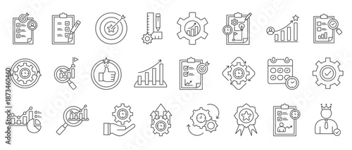 key performance indicator icon collection set. Containing KPI, objective, accountability ,target, measurement, optimization, strategy, performance icon. simple line vector. outline blue variation.