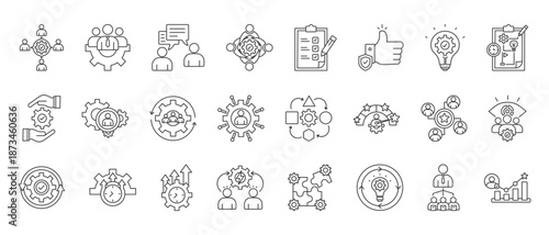  teamwork and management  icon collection set. Containing collaboration, leadership, communication, coordination, accountability, trust, strategy icon. simple line vector.