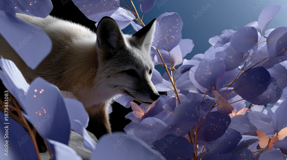 Fototapeta premium The image captures a sleek fox wandering amidst large pastel flowers, evoking a dreamlike quality and a sense of curiosity about nature’s beauty.