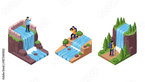 Isometric waterfall adventure scenes featuring hikers and photographers
