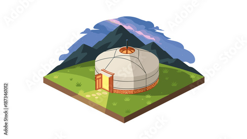 Isometric yurt on grassy hill with mountain and starry night sky