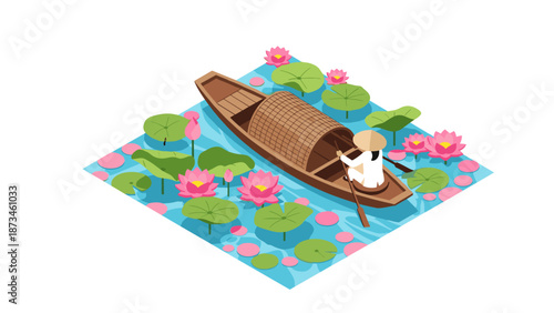 Isometric scene of a boat in a tranquil lotus pond