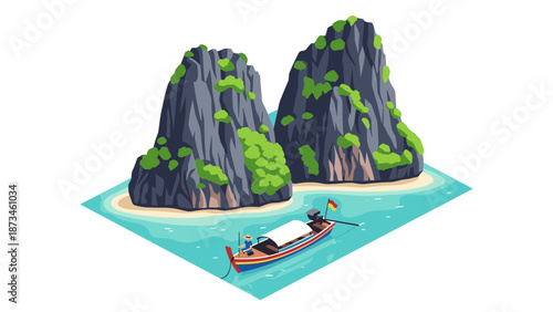 Isometric tropical landscape with traditional boat and rocky islands