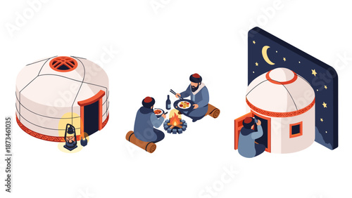 Isometric nomadic life: yurt living, outdoor dining, and nighttime relaxation