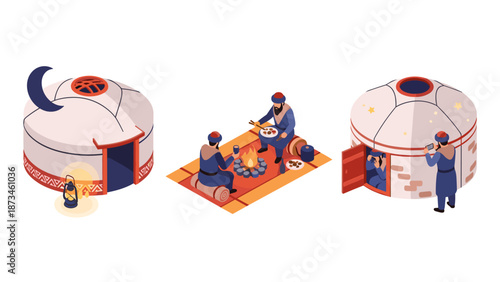 Traditional nomadic life with yurts and campfire gathering in isometric style