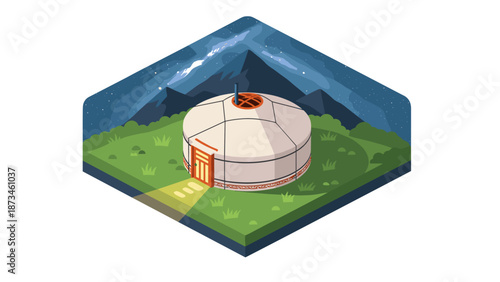 Traditional yurt under starry sky in isometric style with mountains