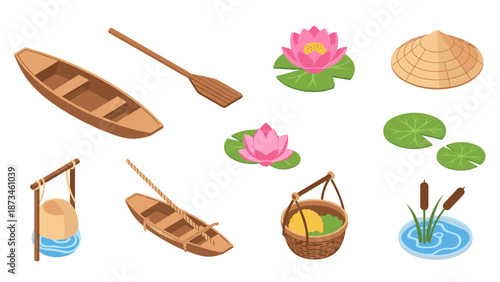 Traditional watercraft and lotus elements in asian isometric style