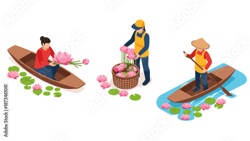 Isometric lotus harvest scene with people on boats and lotus flowers
