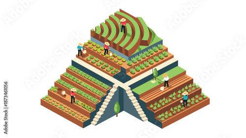 Isometric sustainable farming with diverse people on pyramid plantation