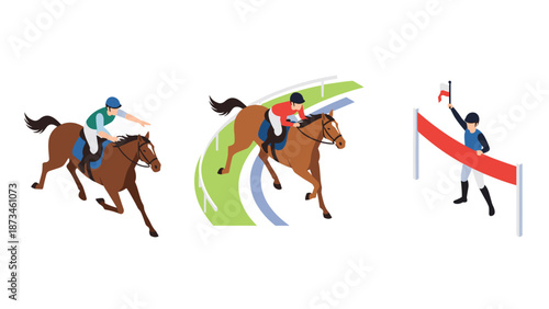 Dynamic horse racing scene with jockeys and finish line in isometric style