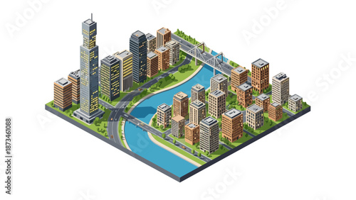 Isometric cityscape with skyscrapers and bridges over a river