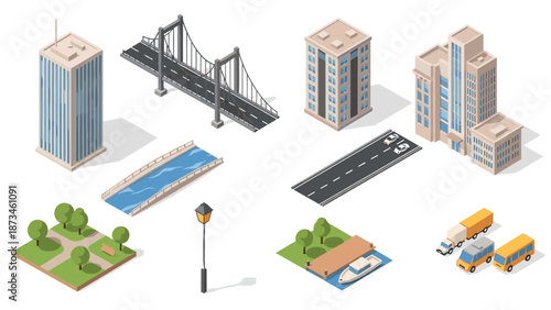 Modern isometric city elements: buildings, roads, bridges, and parks