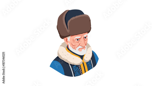 Historical figure in fur hat and traditional clothing on white background