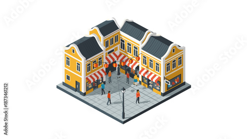 Charming isometric city scene with colorful buildings and street activity