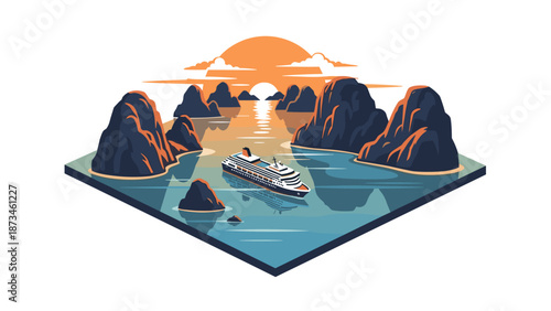 Sunset cruise through serene bay with majestic rock formations