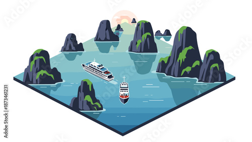 Scenic seascape with boats and islands in tranquil waters