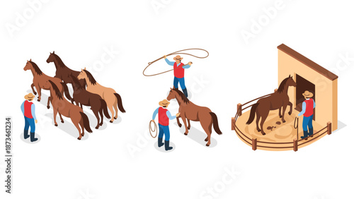 Isometric cowboys wrangling horses on a ranch for equestrian training and farm lifestyle concept