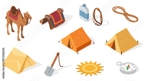 Desert camping adventure: equipment and camel in isometric style