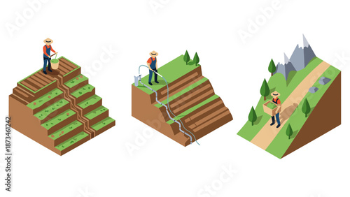Isometric farming techniques: terrace, irrigation, mountain cultivation