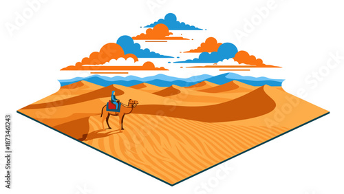 Isometric desert scene with camel and vibrant clouds in geometric landscape