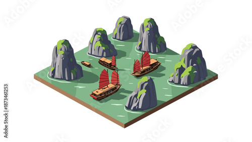Scenic isometric landscape with traditional boats and limestone cliffs